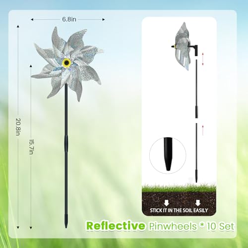 10 PCS Reflective Pinwheels for Yard and Garden Bird Devices Pre-Installed Sparkly Wind Spinner Deterrent to Scare Birds Away from Yard Patio Farm (Silver) - color: Silver