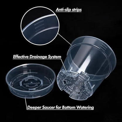 6 Inch Clear Plastic Plant Pot with Drainage Holes, Interlocking & Detachable Tray - Deep Saucer - Durable BPA-Free Plastic, Transparent Design, Raised Base for Airflow, Set of 6, 92-X-A-5 - size: 6" x 5.5"