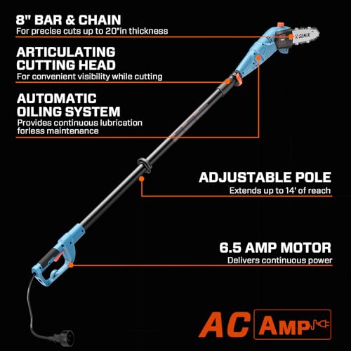 SENIX CSPE6.5-M 6.5 Amp Corded Electric Pole Saw with 8-Inch Bar and Chain, Chain Saw Tree Trimmer with Adjustable Extension Pole, Shoulder Strap Included - style: 6.5A Electric Saw