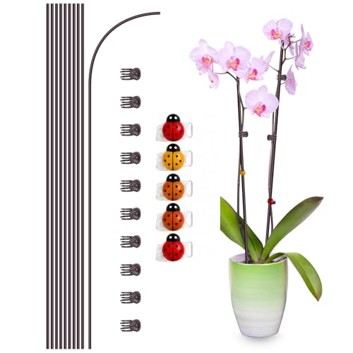 10Pcs Plant Support Stakes, Brown, with Ladybug Clips - color: Brown+Ladybug Clips