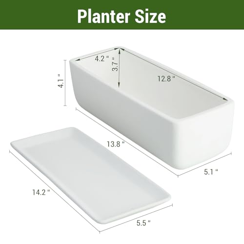 MyGift 14 Inch Ceramic Indoor Plant Pot with Drainage Hole, Rectangular Succulent Planter Window Box with Removable Saucer, Unglazed White (Pack of 2) - size: 14.5 inch (Pack of 2)