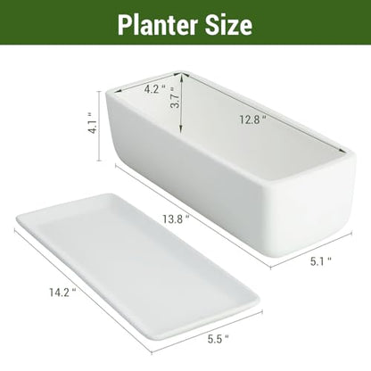 MyGift 14 Inch Ceramic Indoor Plant Pot with Drainage Hole, Rectangular Succulent Planter Window Box with Removable Saucer, Unglazed White (Pack of 2) - size: 14.5 inch (Pack of 2)