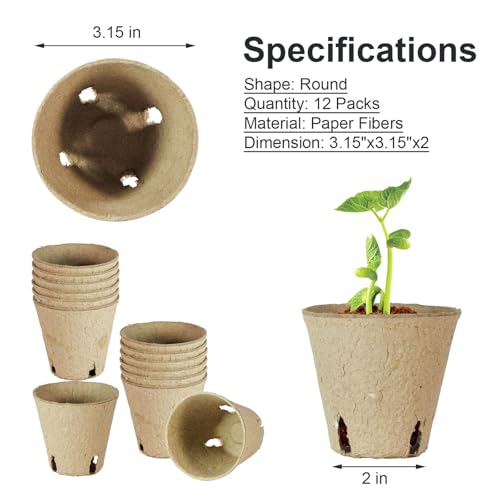 12 Pcs Peat Pots, Biodegradable Pots for Seedlings with Drain Holes, Garden Plant Nursery Pots for Plants, Vegetables,Fruits and Herb (12)
