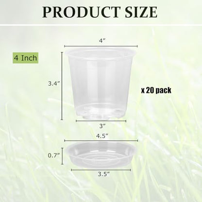 20 Pack 4 Inch Clear Nursery Pots with Drainage and Saucer, Clear Plastic Planter Pots for Plants, Flexible Seed Starting Pots for Succulents, Small Herbs, Annual Flowers (4 Inch) - size: 4 Inch