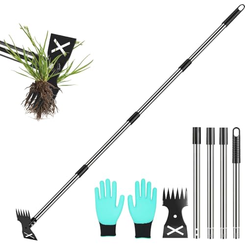 Weed Puller Tool with Long Handle-Vertical Adjustable Weeder, 2-in-1 Garden Hoe and Weeding Rake Combination, Weeding Tool for Garden, Lawn, Farm and Courtyard