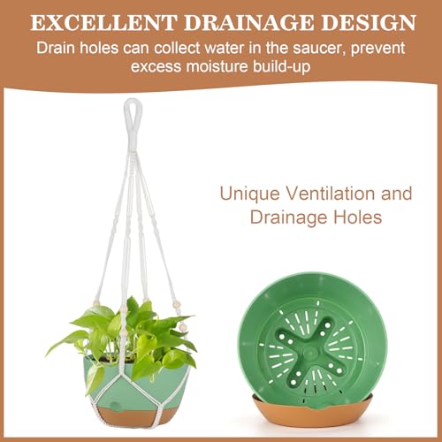 3 Pack Hanging Planter for Indoor Plants, 10inch Self-Watering Hanging Plant Pot, Macrame Plant Hanger with Pot, Chain, S & Ceiling Hooks, Removable Saucer and Drainage Holes for Garden Home - Green - color: Green