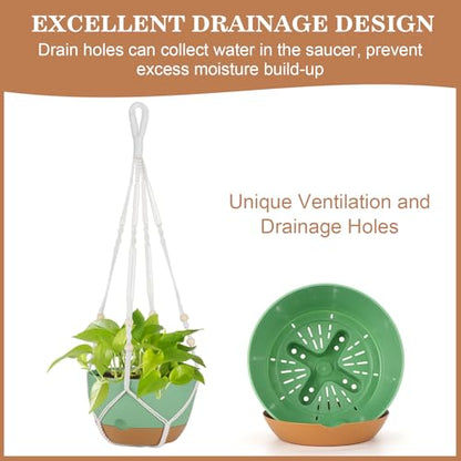 3 Pack Hanging Planter for Indoor Plants, 10inch Self-Watering Hanging Plant Pot, Macrame Plant Hanger with Pot, Chain, S & Ceiling Hooks, Removable Saucer and Drainage Holes for Garden Home - Green - color: Green
