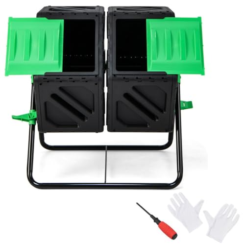 34.5 Gallon Dual Chamber Compost Tumbler, 360° Rotating Compost Bin with Sliding Doors, Aeration System, BPA Free PP Material, Rustproof Metal Frame, Black and Green, 25.5 x 23.5 x 29 Inches, 18 lbs