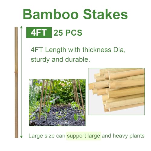 Garden Stakes 4ft, Natural Bamboo Stakes 4 Feet, Thicker Sturdy Plant Stakes 25 Pack for Tomatoes, Beans, Flowers, Potted and More Climbing Plants - size: 4FT, pack of 25