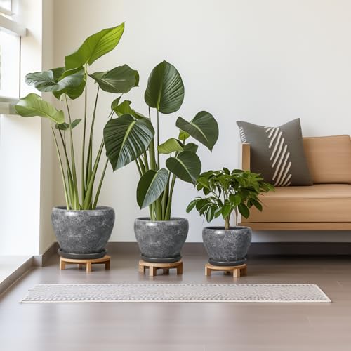 Ceramic Planters - 10 Inch 8 Inch 6 Inch Round Decorative Plant Pots with Drainage Holes and Saucers for Indoor Outdoor Flower, Room Home Apartment Decor, Gift for Women Men, Set of 3, Grey - color: Gemstone Grey