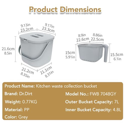 DrDirt 1.85-Gallon Countertop Compost Bin with Removable Strainer, Gray