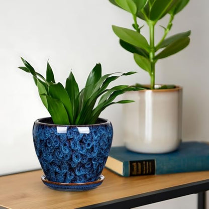 Hollyone Ceramic Planter Blue Ceramic Plant Pot for Plants Flowers 5.5 inch with Drainage Hole and Saucers Ceramic Glaze Round Flower Plant Pot for Indoor Outdoor Round Succulent Orchid Flower Pot - size: 5.5 Inch (Single)