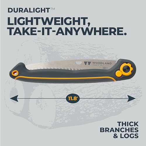 Woodland Tools Duralight Folding Saw – Curved Pruning Saw with Hardened Steel Blade, 3-Position Lock, Soft Grip Handle – Manual Tool for Tree Trimming, Branch Cutting, and Yard Work - style: Compact Duralight Folding Saw