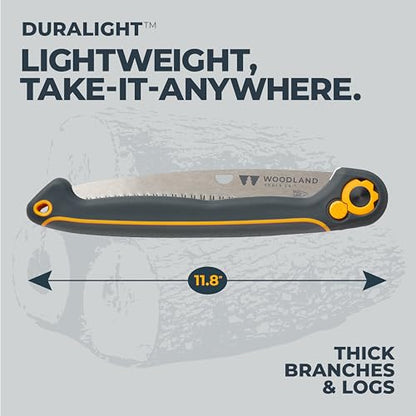 Woodland Tools Duralight Folding Saw – Curved Pruning Saw with Hardened Steel Blade, 3-Position Lock, Soft Grip Handle – Manual Tool for Tree Trimming, Branch Cutting, and Yard Work - style: Compact Duralight Folding Saw