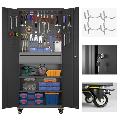 Aobabo 71" H Metal Storage Cabinet with Wheels with 5 Pegboards and 1 Drawer,Lockable Steel Tool Cabinet for Garage,Warehouse,Assembly Required,Black - color: Black, size: 15"D x 30"W x 71"H-1 Drawer
