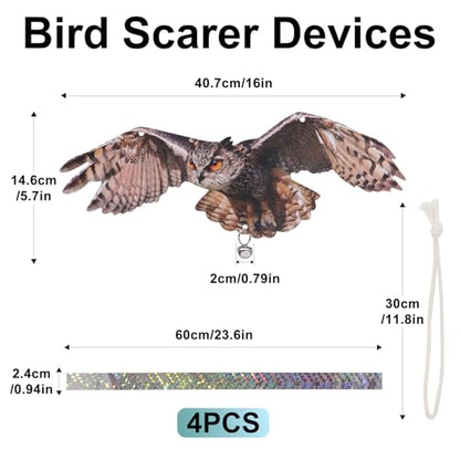 Plastic Owl to Scare Away, 4Pcs Reflective Fake Owls Hanging Decoration, Dual-Sides Printed Raster Fake Hawk Eagle Keep Away Pigeon Barn Swallow to Protect Yard Garden Patio - color: 4Pcs Brown-2