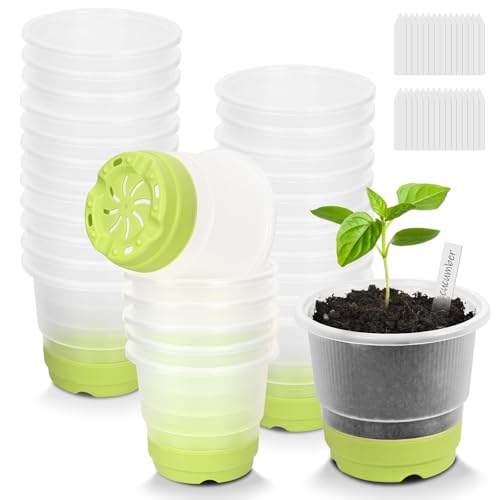 Sckee Clear Nursery Pots for Plants, 30 Packs Plastic Seed Starting Pots with Drainage Holes Plant Nursery Pots Silicone Base (Light Green, 4 inch) - color: Light Green, size: 4 inch without lids