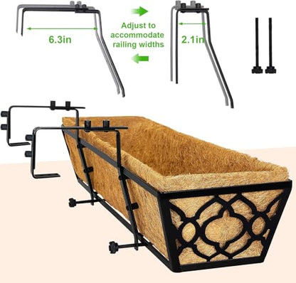 Y&M 4Pcs 30'' Railing Planter Box Set with Coconut Coir Liner, Flower Boxes with Adjustable Brackets, Large Metal Hanging Window Boxes for Fence, Deck, Balcony, and Outdoor Garden - size: Flower 30in 4P