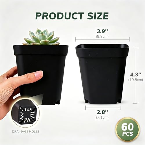 Nursery Pots for Plants, 4 inch Plant Pots, 60 Pack, Black