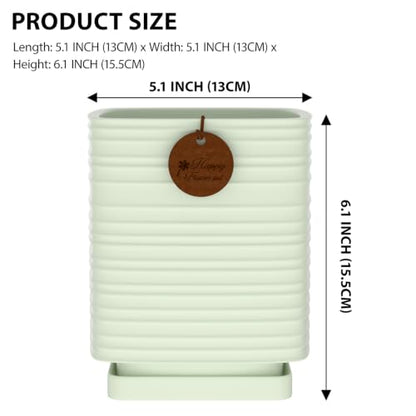 5.1 Inch Light Green Ceramic Planter with Drainage and Saucer - color: Light Green, size: Small