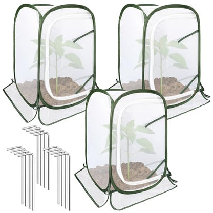 Augshy Pop Up Plant Covers, 3 Pack Mesh Net Protectors Cage with Stakes