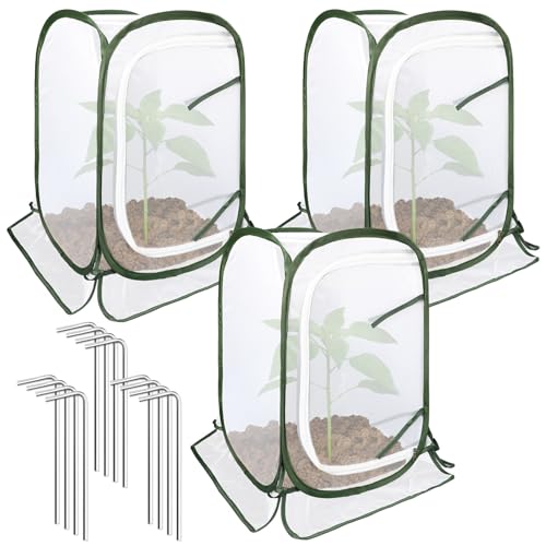 Augshy Pop Up Plant Covers, 3 Pack Mesh Net Protectors Cage with Stakes