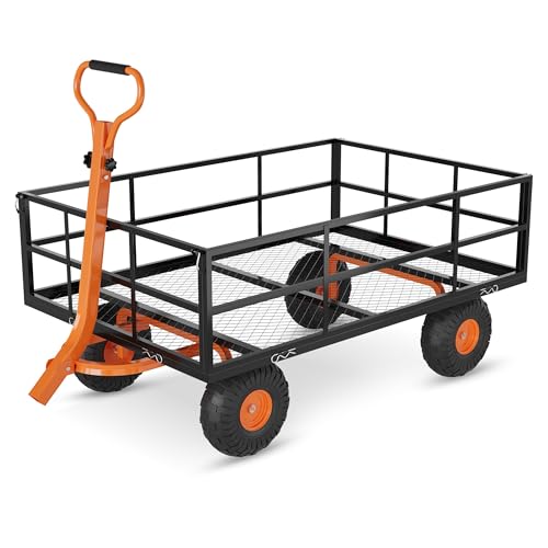 1200 LBS Heavy Duty Steel Garden Cart, 3-in-1 Yard Wagon, 13" Air Tires - color: Black + Orange, size: 1200LBS