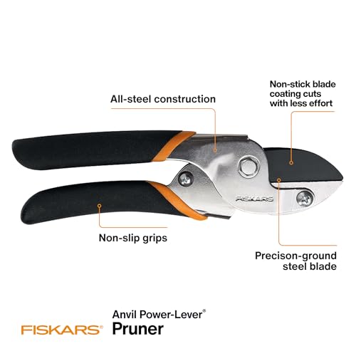 Fiskars Power-Lever Anvil Pruning Shears, 5/8" Cut Capacity Garden Clippers