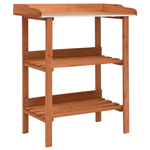 Wooden Plant Stand Outdoor 3 Tier Flower Shelf, Zinc Galvanized Tabletop Potting Bench Garden Display Rack for Patio Yard, Solid Firwood, 29.9" x 14.6" x 35"