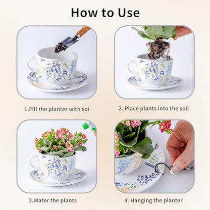 TEATALK Hanging Planters for Indoor Plants, Ceramic Pots with Drainage Hole, 4 Inch Hanging Planter with Chain, Outdoor Hanging Baskets for Plants, Birds & Flowers, Cup Shape - style: Flowers Birds