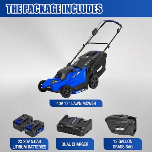 BILT HARD 40V Electric Cordless 17" Lawn Mower, 12" Trimmer & Leaf Blower Combo – 3x5.0Ah Batteries (2x20V), Dual Charger, 6-Position Cutting Height, 50L Bag
