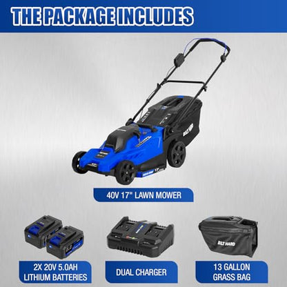 BILT HARD 40V Electric Cordless 17" Lawn Mower, 12" Trimmer & Leaf Blower Combo – 3x5.0Ah Batteries (2x20V), Dual Charger, 6-Position Cutting Height, 50L Bag
