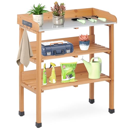 Outdoor Wooden Potting Bench Table, Garden Wood Workstation Planting Table with Metal Top, Storage Shelf, and 3 Hooks for Gardening, Light Brown - color: Light Brown