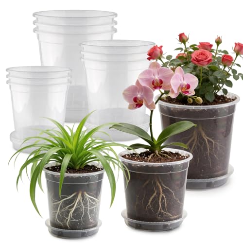 BTPLASTIK 0.5/1/2.5/3.5 Gallon Clear Nursery Pots with Saucers 4 Size Set 12P, Round Plastic Plant Pots with Drainage Holes - size: 0.5/1/2.5/3.5 Gallon + Saucers 12P