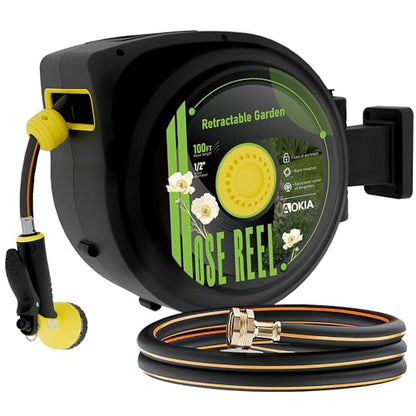Aokia Retractable Garden Hose Reel, 1/2 in x 100 ft Wall Mounted Heavy Duty Garden Hose Reel with 9 Patterns Nozzle, Any Length Lock, Auto Return System and 180°Swivel Bracket