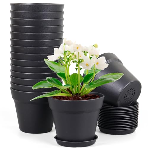 Meowell 4 inch Small Plastic Nursery Pots, 16 Pack Plant Pots for Indoor Outdoor Plants, Flower Pots with Drainage Holes and Saucers, Decorative Seedling Starter Planters for House Plants, Black - color: Black, size: 4inch 16pcs