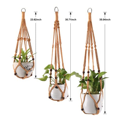 Macrame Plant Hangers with Beads for Indoor and Outdoor, 3 Pack - color: Brown
