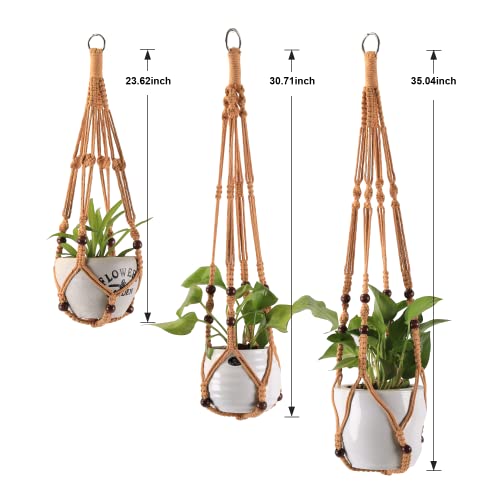 Macrame Plant Hangers with Beads for Indoor and Outdoor, 3 Pack - color: Brown