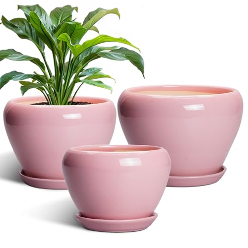 Ceramic Planters, 10+8+6 Inch Ceramic Plant Pots Indoor, Pink - color: Pink