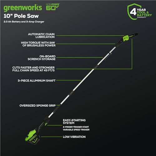 Greenworks 60V 10 in Electric Pole Saw, 2.0 Ah Battery and Charger - size: 60V 10" Brushless (2.0Ah)