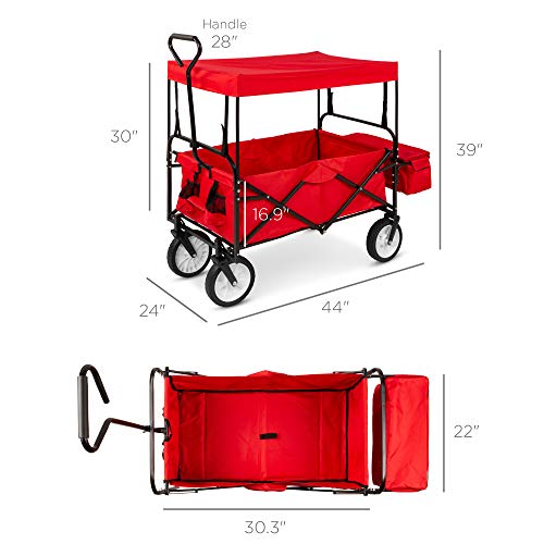 Best Choice Products Collapsible Folding Outdoor Utility Wagon with Canopy Garden Cart for Beach, Picnic, Camping, Tailgates w/Removable Canopy, Detachable Pockets, 150lb Weight Capacity - Red - color: Red