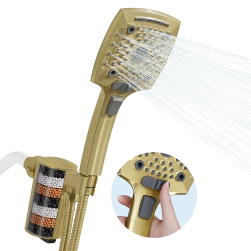 Filtered Shower Head with Handheld, High Pressure 5 Functions Handheld Shower Head with 59" Extra Long Stainless Steel Hose & Adjustable Bracket, Built-in Waterfall - color: Brushed Gold, style: With Filter