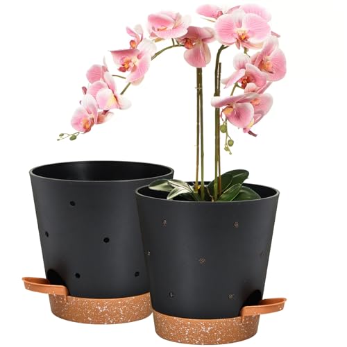 Vanslogreen 6 Inch Orchid Pots with Holes, Self Watering Plant Pots, 2 Pack - color: Black+brown