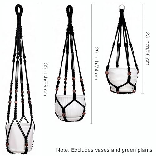 YIBOT Black Macrame Plant Hanger Indoor Hanging Planter Basket - color: Black Wooden Beads, size: 35+29+23Inch