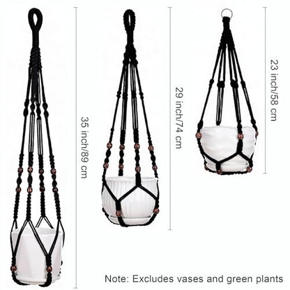 YIBOT Black Macrame Plant Hanger Indoor Hanging Planter Basket - color: Black Wooden Beads, size: 35+29+23Inch