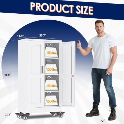 erosoei 45.6"H Metal Garage Storage Cabinet, Rolling Tool Cabinet with 2 Doors and Wheels, Locker Steel Cabinet with 3 Adjustable Shelves, Organization Cabinet for Garage,Office,Home,Gym,School（White） - color: White, size: 45.6"-CasLck