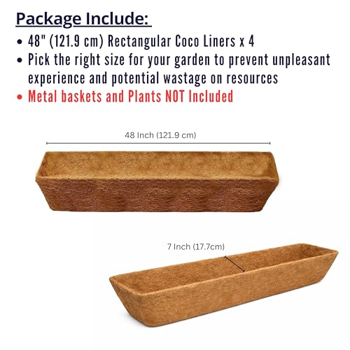 LaLaGreen 48" (4 Pack, Rectangular) Coco Liners for Window Box Planter–Extra Large Trough Coir Husk Fibre Replacement for Hanging Basket, Flower Pot, Garden Outdoor Use–Multiple Sizes & Shapes - size: 48'' x 4 pack