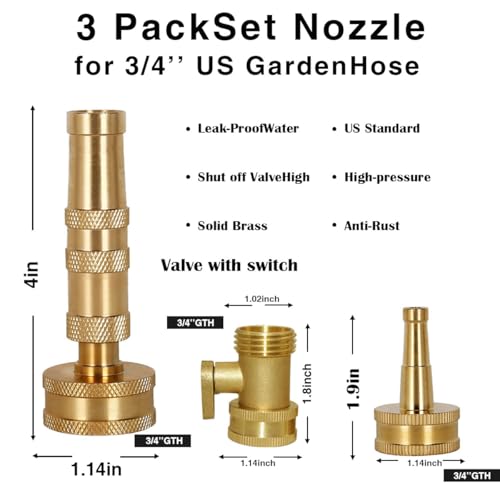 Heavy-Duty Brass Garden Hose Nozzle High Pressure 3 Pack Set with Adjustable Spray & Valve Control for Gardens, Lawns, Car Cleaning, and Patios Includes 3 Extra Anti-Leak Gaskets - color: aurichalceous