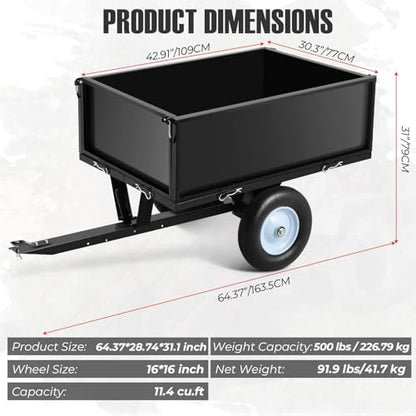 Heavy Duty Steel Dump Cart Trailer, 500 lb / 11.4 Cu Ft Garden ATV Trailer