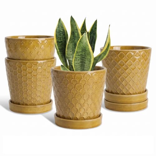 EFISPSS Ceramic Plant Pots, 5 Inch Planters with Drainage Holes and Ceramic Tray, Relief Design Flower Planter, Desktop Office Windowsill Decoration Gift Set of 4-Light Olive-Deep Yellow - color: Deep Yellow